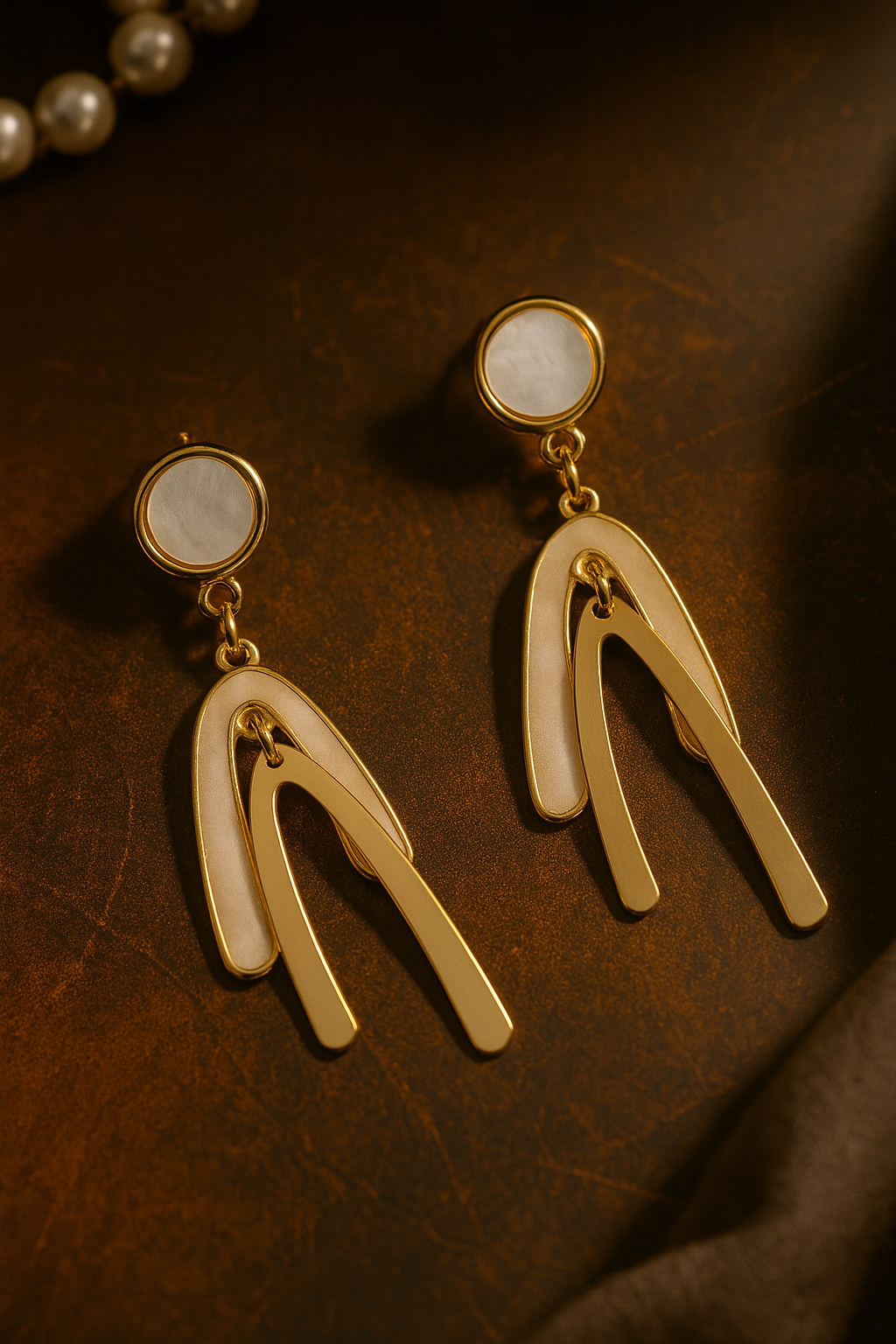 Modern gold anti-tarnish drop earrings with abstract layered design and mother of pearl studs – contemporary fashion jewelry
