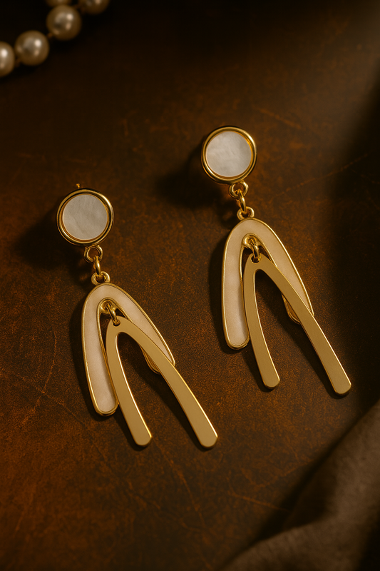 Modern gold anti-tarnish drop earrings with abstract layered design and mother of pearl studs – contemporary fashion jewelry