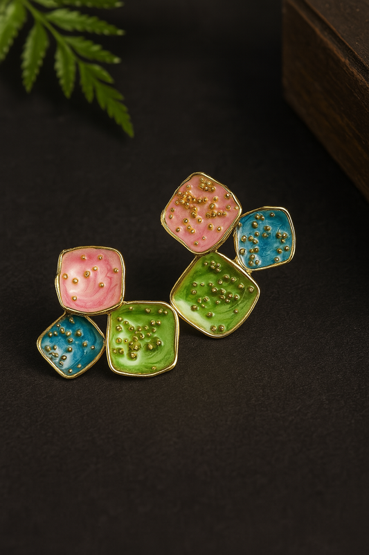 Multicolor Meena enamel earrings in pink, green, and blue – handcrafted square-shaped studs with gold detailing