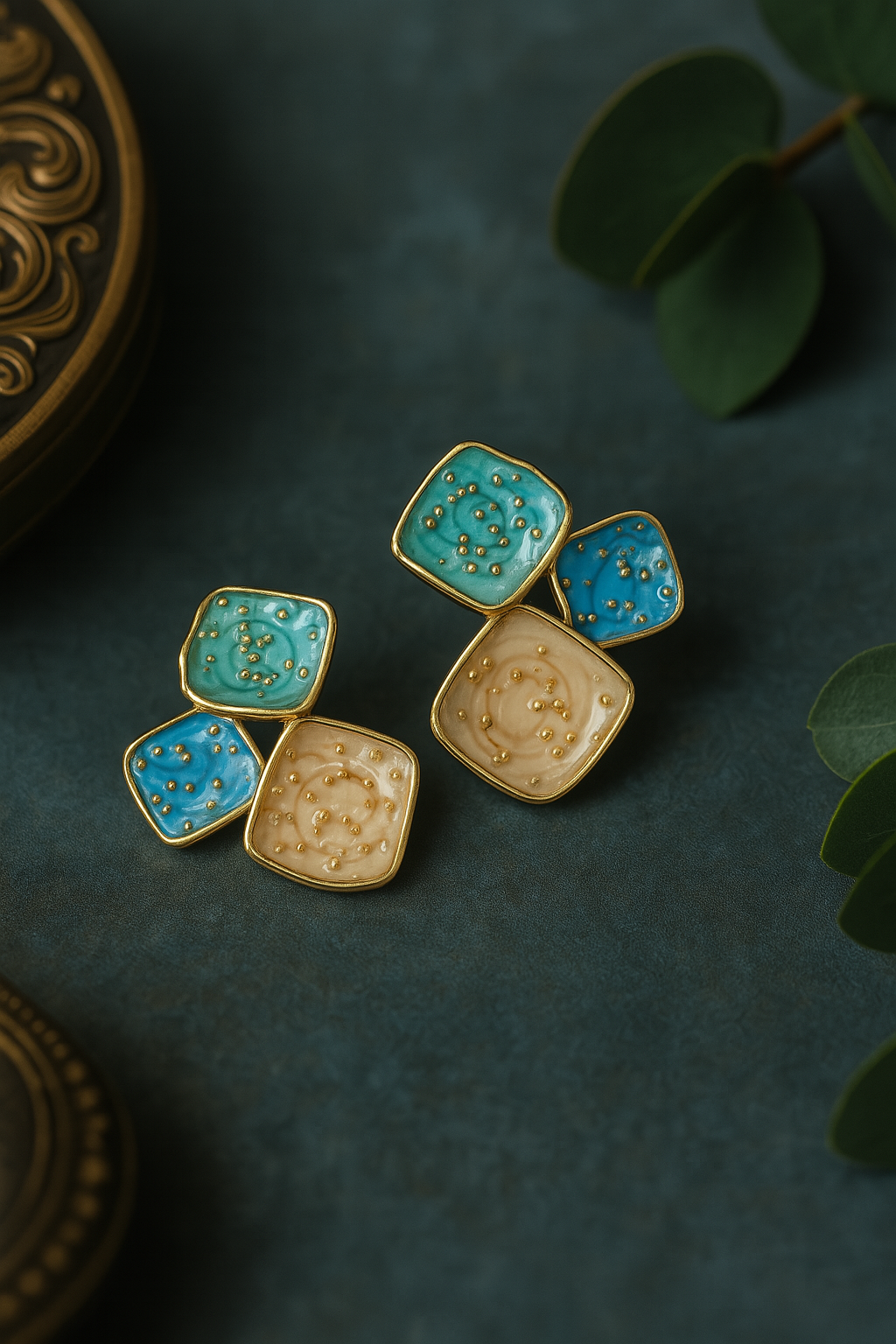 Multicolor geometric enamel earrings in blue, green, and cream – handcrafted designer studs with gold accents