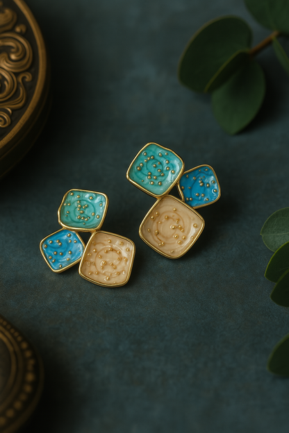 Multicolor geometric enamel earrings in blue, green, and cream – handcrafted designer studs with gold accents
