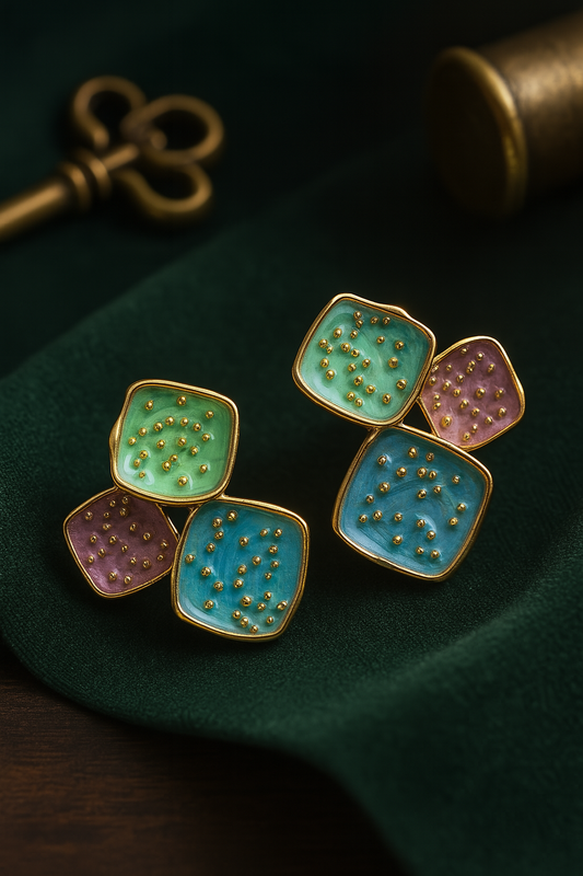 Multicolor geometric enamel earrings in green, blue, and purple – handcrafted designer studs with gold bead accents