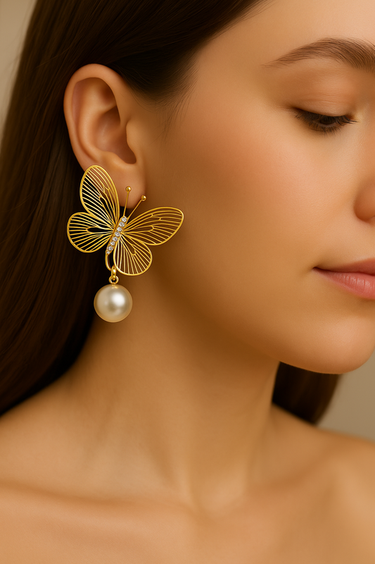 Nature inspired gold butterfly earrings with white pearl, trendy animal motif drop earrings, unique gift for her