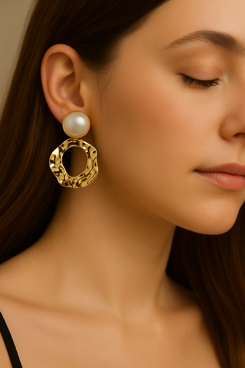 Organic shape gold earrings with mother-of-pearl cabochon, artisan style earrings for women, unique jewelry gift