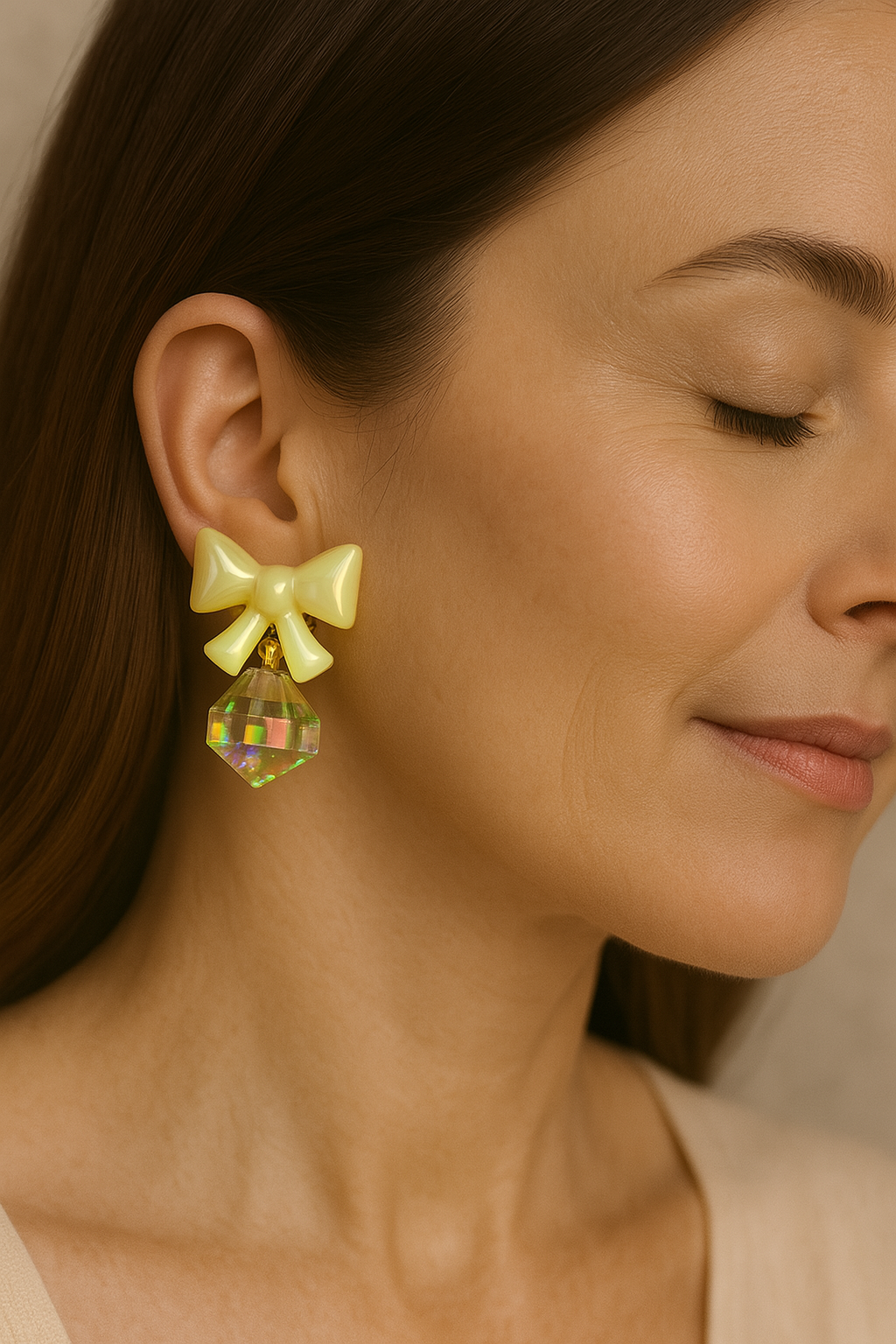 Pale Yellow Pearl Effect Bowknot Earrings with Multi-faceted Clear Iridescent Crystal Drops - Unique Subtle Shine Earrings