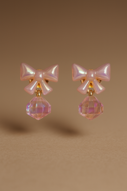 Pastel peach bow drop earrings with faceted rose quartz style gemstone for women