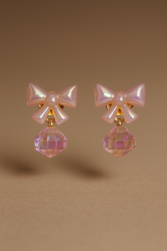 Pastel peach bow drop earrings with faceted rose quartz style gemstone for women