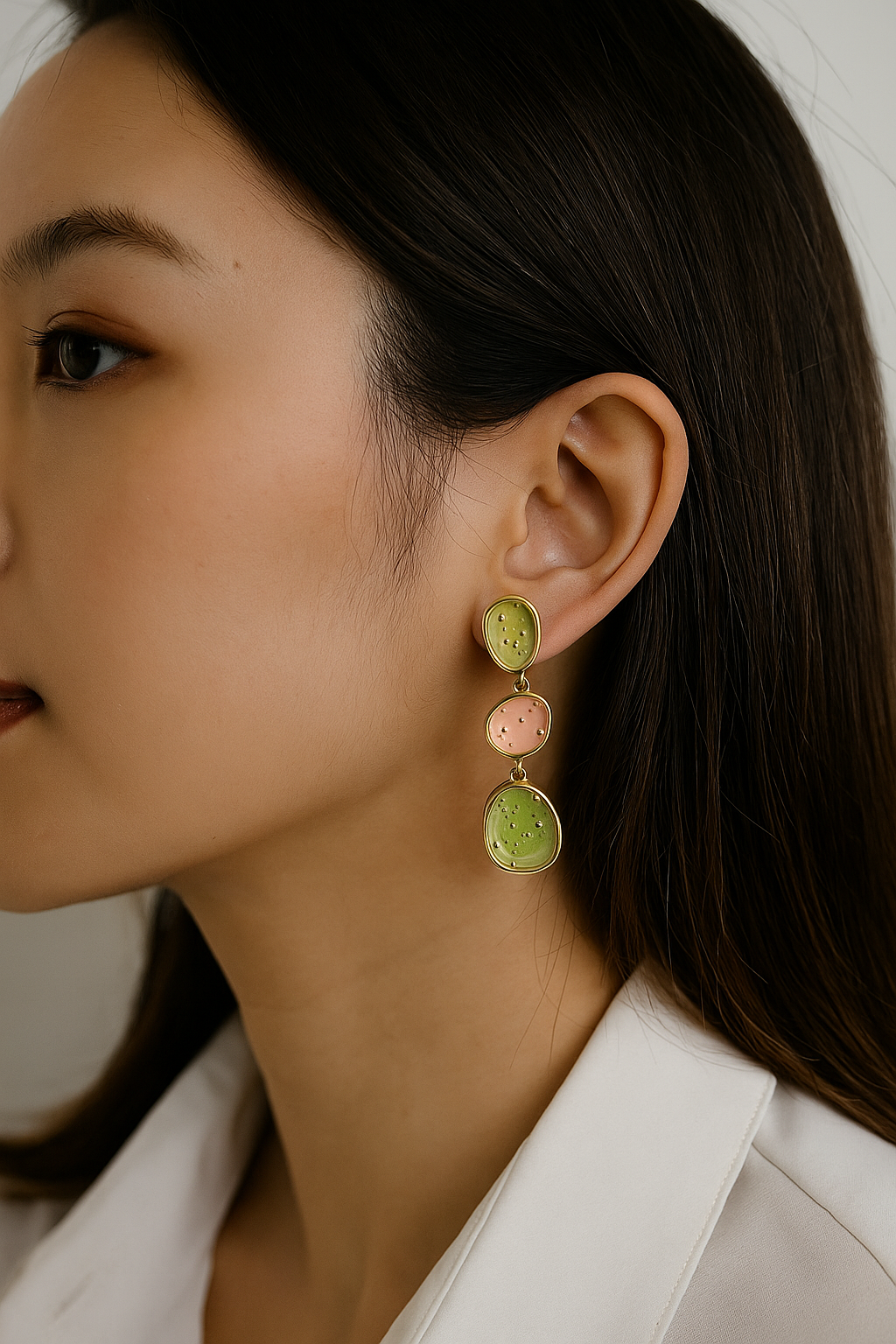 Pastel pink and green Meena work earrings – artisanal Indian enamel jewelry for weddings and special occasions