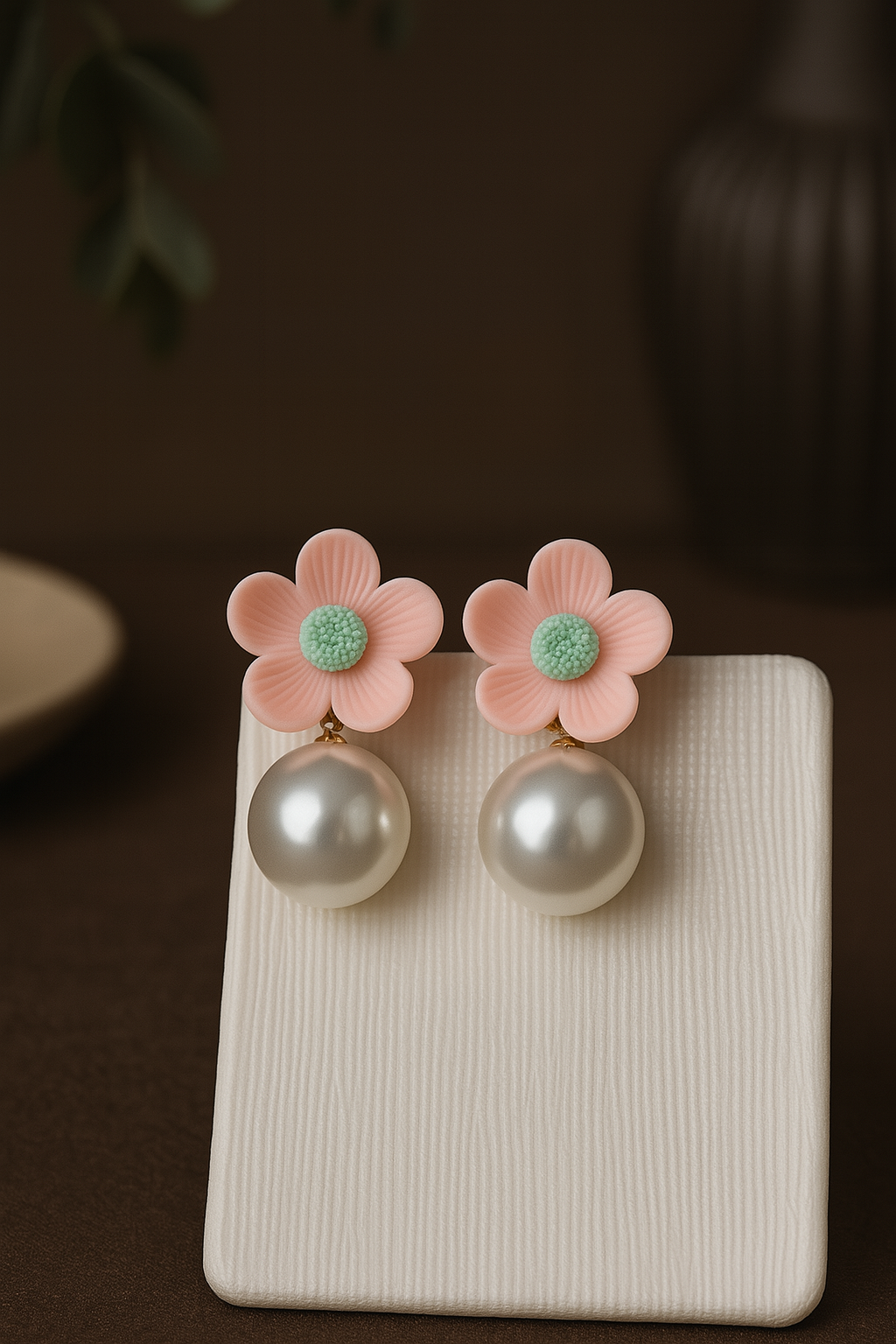 Matte pink acrylic flower earrings with faux pearl dangle, cute spring fashion accessories