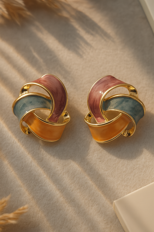 Gold-tone enamel knot earrings in pink, teal, and orange – vibrant anti-tarnish statement studs for women