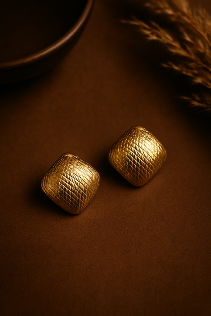 Textured Gold Square Stud Earrings | Hammered Cushion Shape Jewelry | Kurlywurly Store