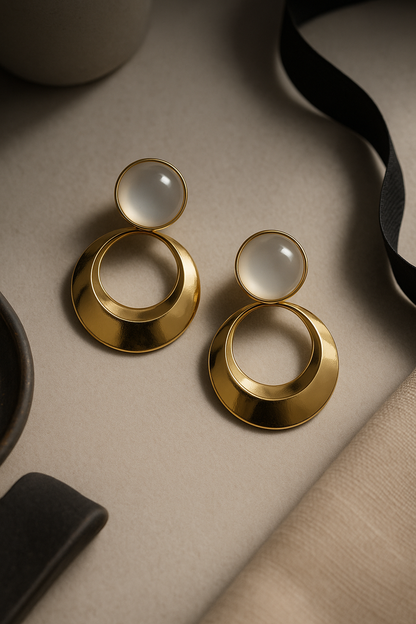 Polished gold open hoop earrings with white round pearl or stone top, modern statement jewelry for women