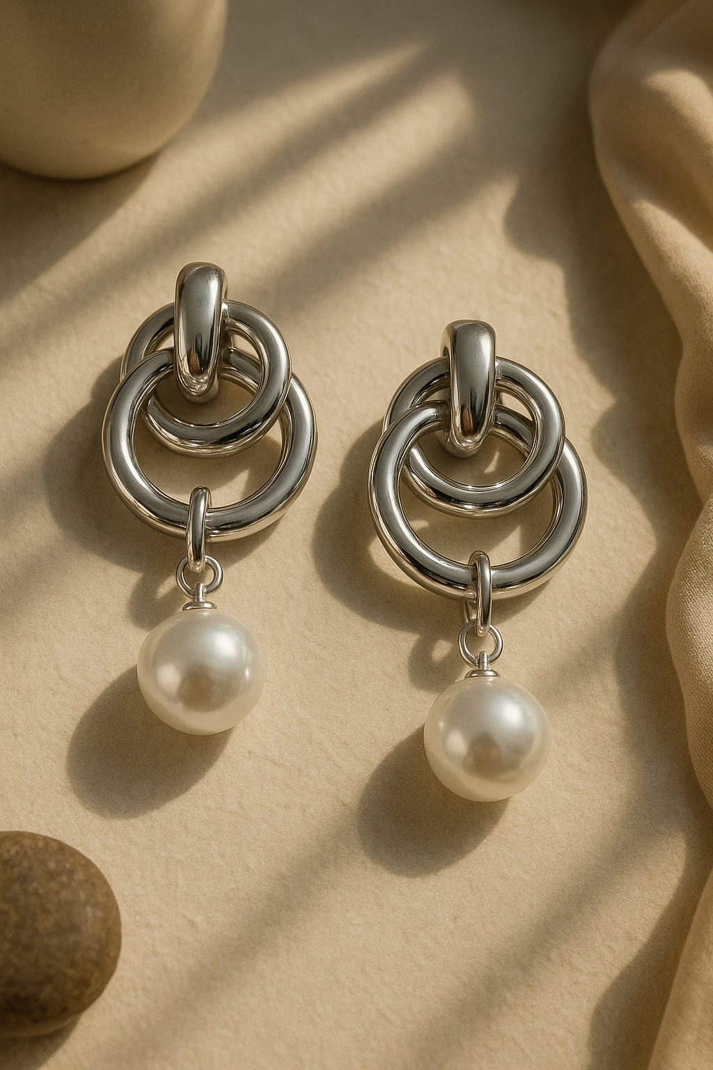 Polished silver anti-tarnish earrings with interlocking hoops and pearl drop – modern statement jewelry for women