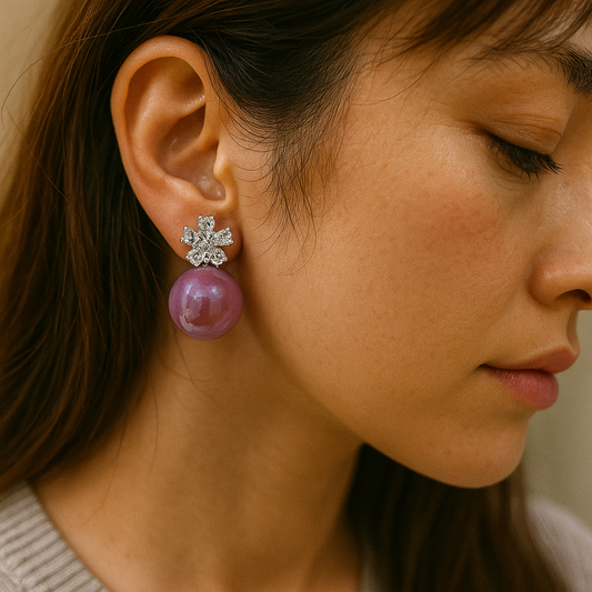 Purple pearl earrings with sparkling cubic zirconia flower tops and anti-rust silver plating