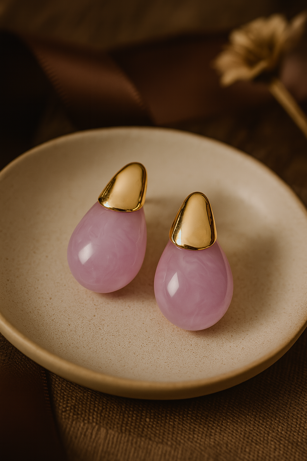 Purple teardrop seedling earrings with glossy gold cap – elegant handcrafted drop earrings for women