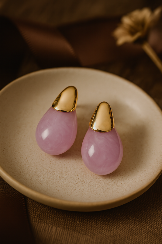 Purple teardrop seedling earrings with glossy gold cap – elegant handcrafted drop earrings for women