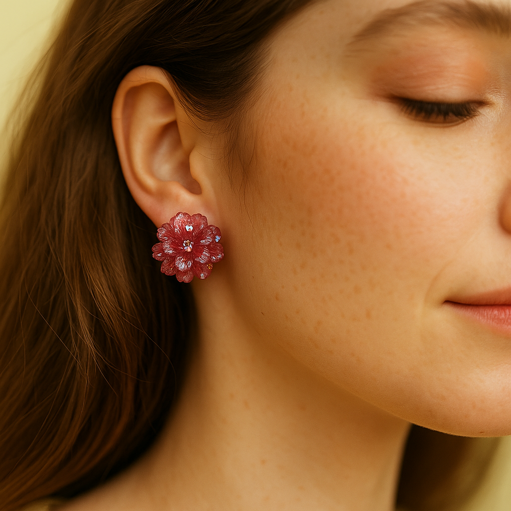 Red translucent resin floral earrings with glitter accents – handcrafted party wear earrings for girls and women