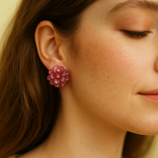 Red translucent resin floral earrings with glitter accents – handcrafted party wear earrings for girls and women