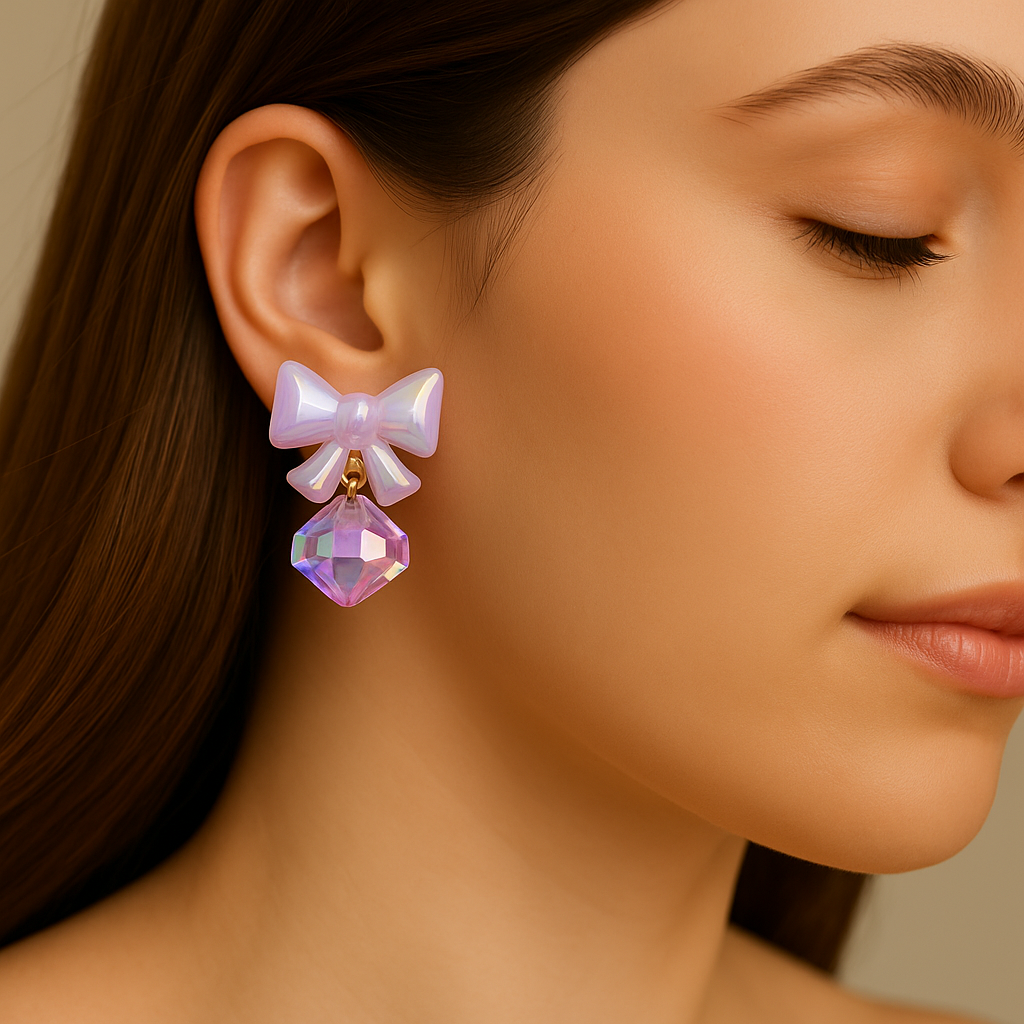 Iridescent lavender bow drop earrings with faceted purple gemstone for women