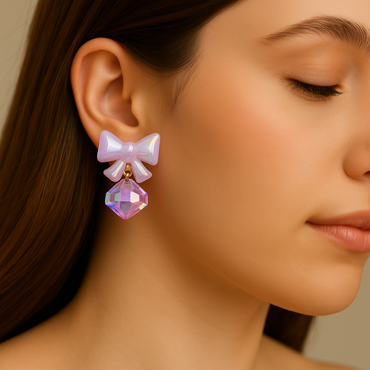 Iridescent lavender bow drop earrings with faceted purple gemstone for women