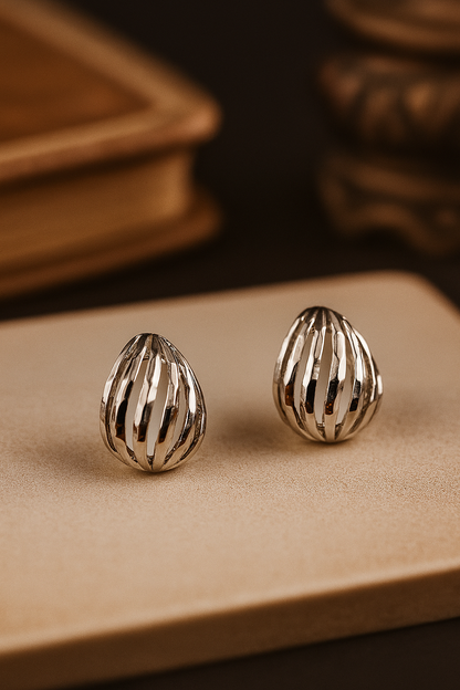 Silver Striped Dome Stud Earrings | Ribbed Modern Sphere Jewelry | Kurlywurly Store