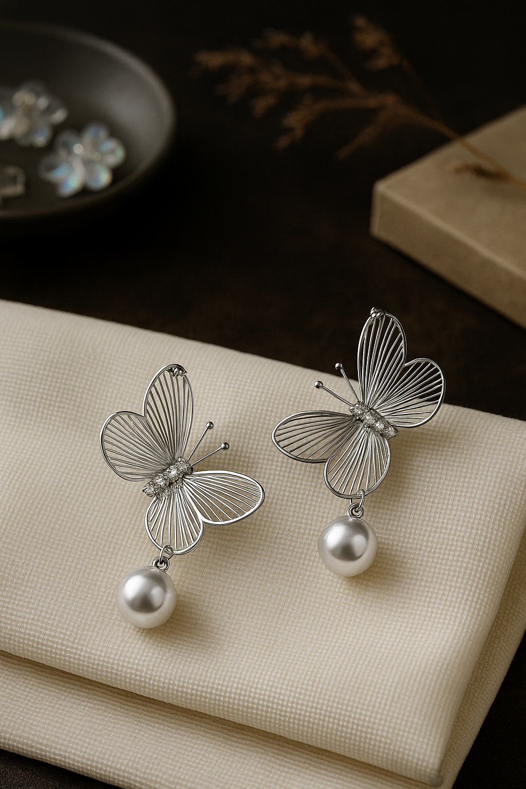 Silver filigree butterfly dangle earrings with cubic zirconia accents and pearl drops, elegant whimsical jewelry for women