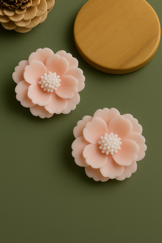 Soft pink handmade clay flower earrings with white center – elegant floral studs for women and girls