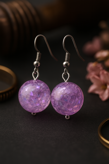 Sparkly violet drop earrings crafted with iridescent resin spheres for women