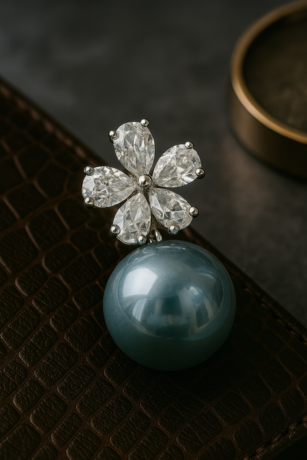 Statement anti-tarnish stud earrings with blue pearls and diamond-cut floral crystal design