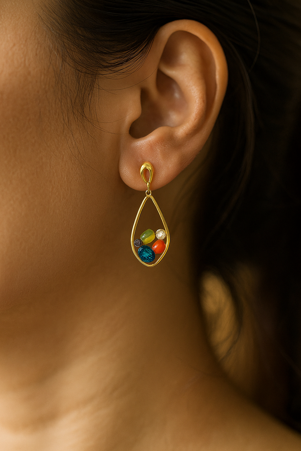Statement gold frame earrings with assorted colorful stones in oval and round cuts, elegant handcrafted accessory for occasions