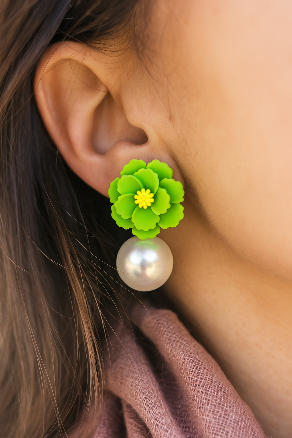 Statement green floral earrings with large pearl drops – bold fashion accessory for women
