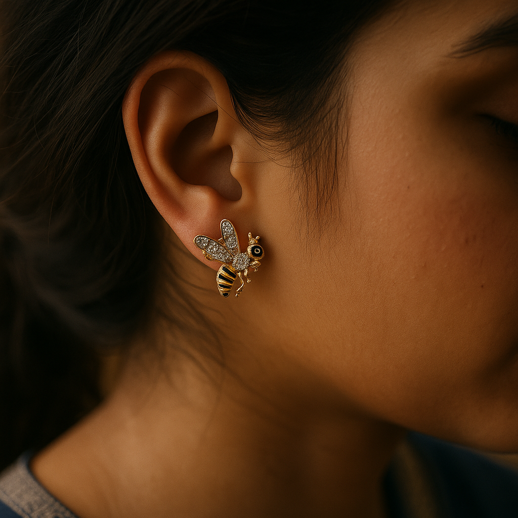 Statement insect earrings with crystal-studded wings and striped body, anti-tarnish and lightweight.
