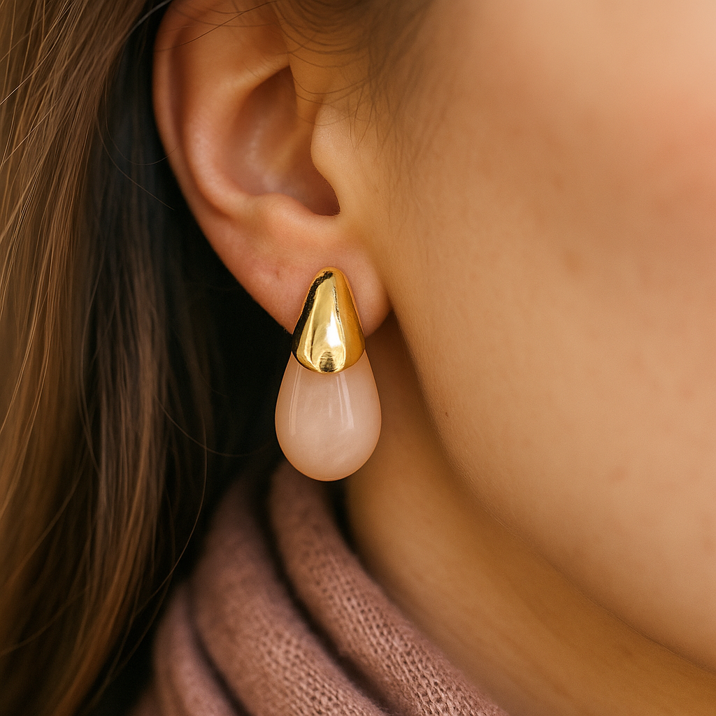 Stylish orange teardrop enamel earrings with metallic gold cap – chic handmade jewelry for all occasions