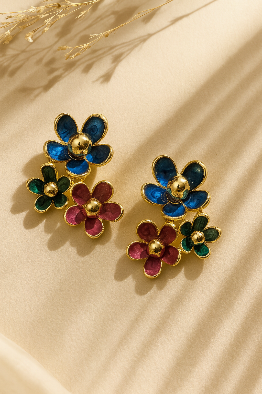 Stylish Three-Flower Enamel Stud Earrings - Blue, Red & Green with Gold Accents | Kurlywurly.store