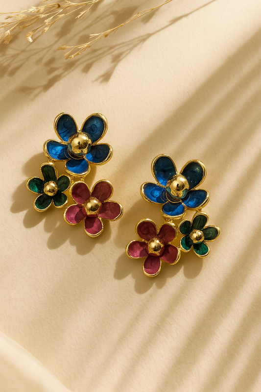 Stylish Three-Flower Enamel Stud Earrings - Blue, Red & Green with Gold Accents | Kurlywurly.store