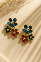 Stylish Three-Flower Enamel Stud Earrings - Blue, Red & Green with Gold Accents | Kurlywurly.store
