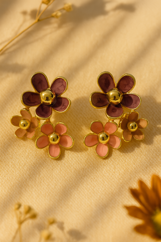 Stylish three-flower stud earrings with plum, coral, and blush enamel, gold-tone accents