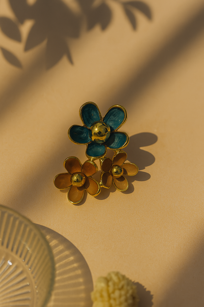 Handcrafted triple flower enamel earrings with gold-plated accents – unique floral studs for girls and women