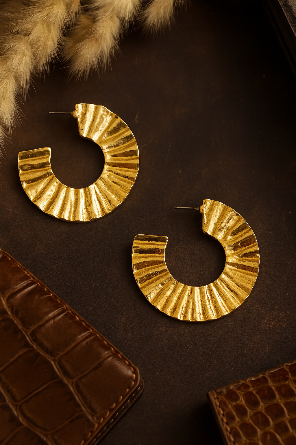 Textured gold anti-tarnish hoop earrings in statement crescent design for women