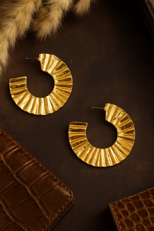Textured gold anti-tarnish hoop earrings in statement crescent design for women