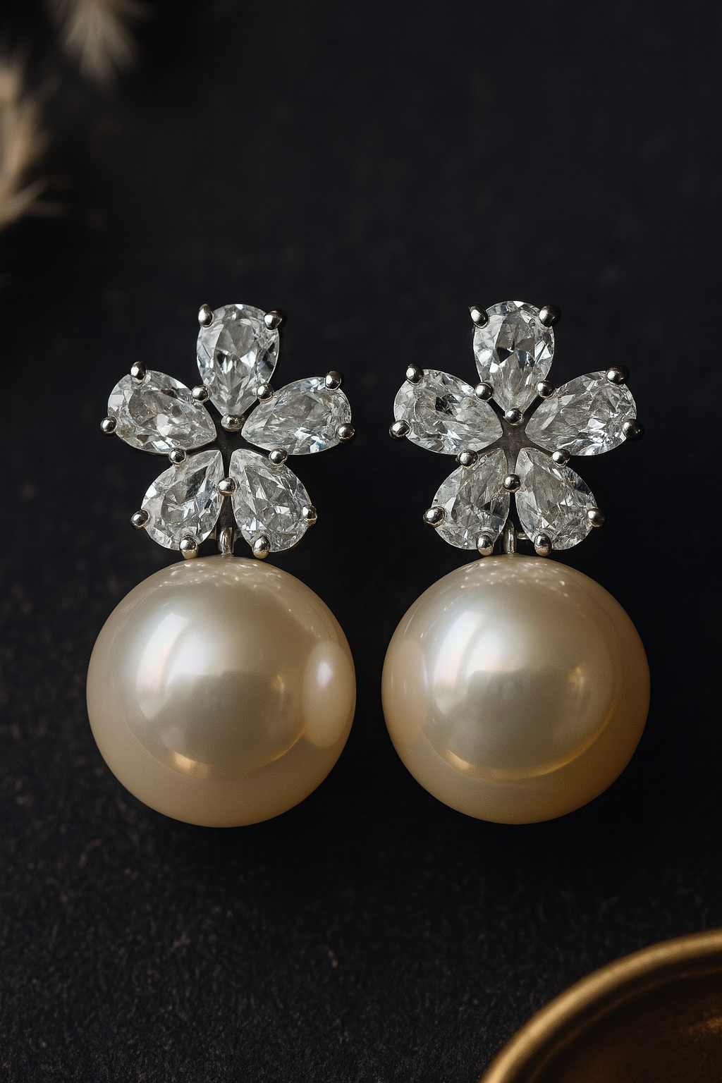 Timeless cream pearl studs with sparkling floral zircon tops and anti-tarnish finish