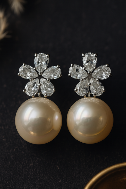 Timeless cream pearl studs with sparkling floral zircon tops and anti-tarnish finish