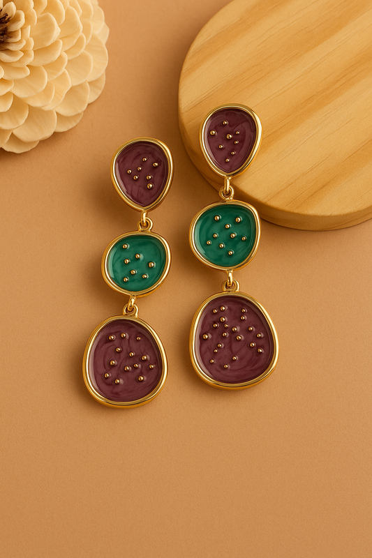 Meena enamel drop earrings in maroon and green – gold-plated statement jewelry for festive wear