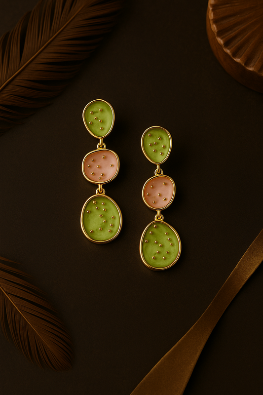 Traditional Meenakari enamel earrings with soft hues – elegant gold-framed dangle earrings for women