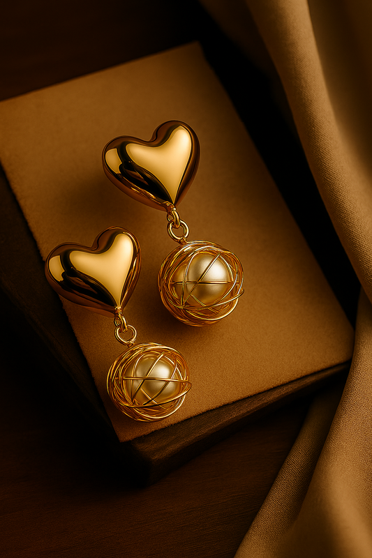 Trendy gold heart top earrings with artistic wire mesh pearl – modern statement danglers for girls