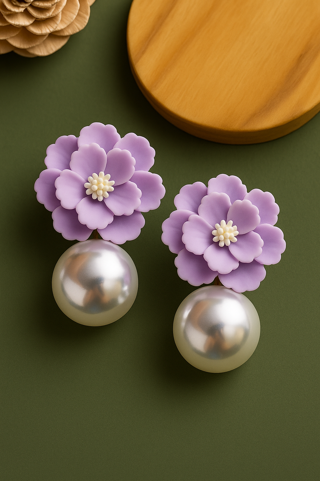 Trendy pastel purple clay flower earrings with glossy pearl drops – lightweight handmade jewelry