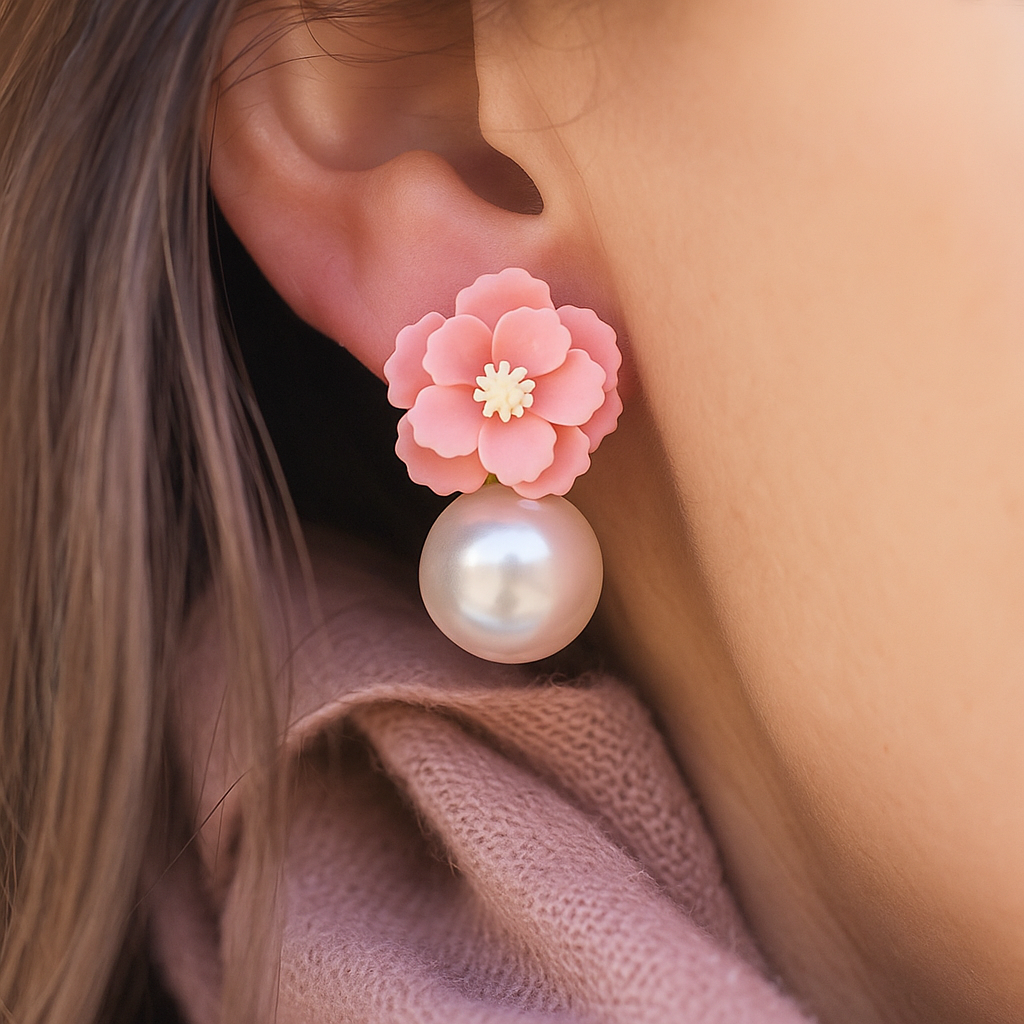 Trendy polymer clay flower earrings with pearl ball drops – handcrafted jewelry for women