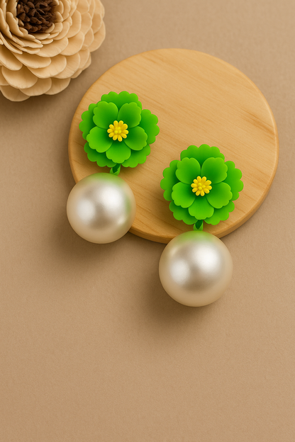 Trendy polymer flower and faux pearl earrings – quirky designer jewelry for girls
