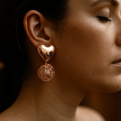 Trendy rose gold metallic heart and orb earrings – fashion jewelry for parties and gifting
