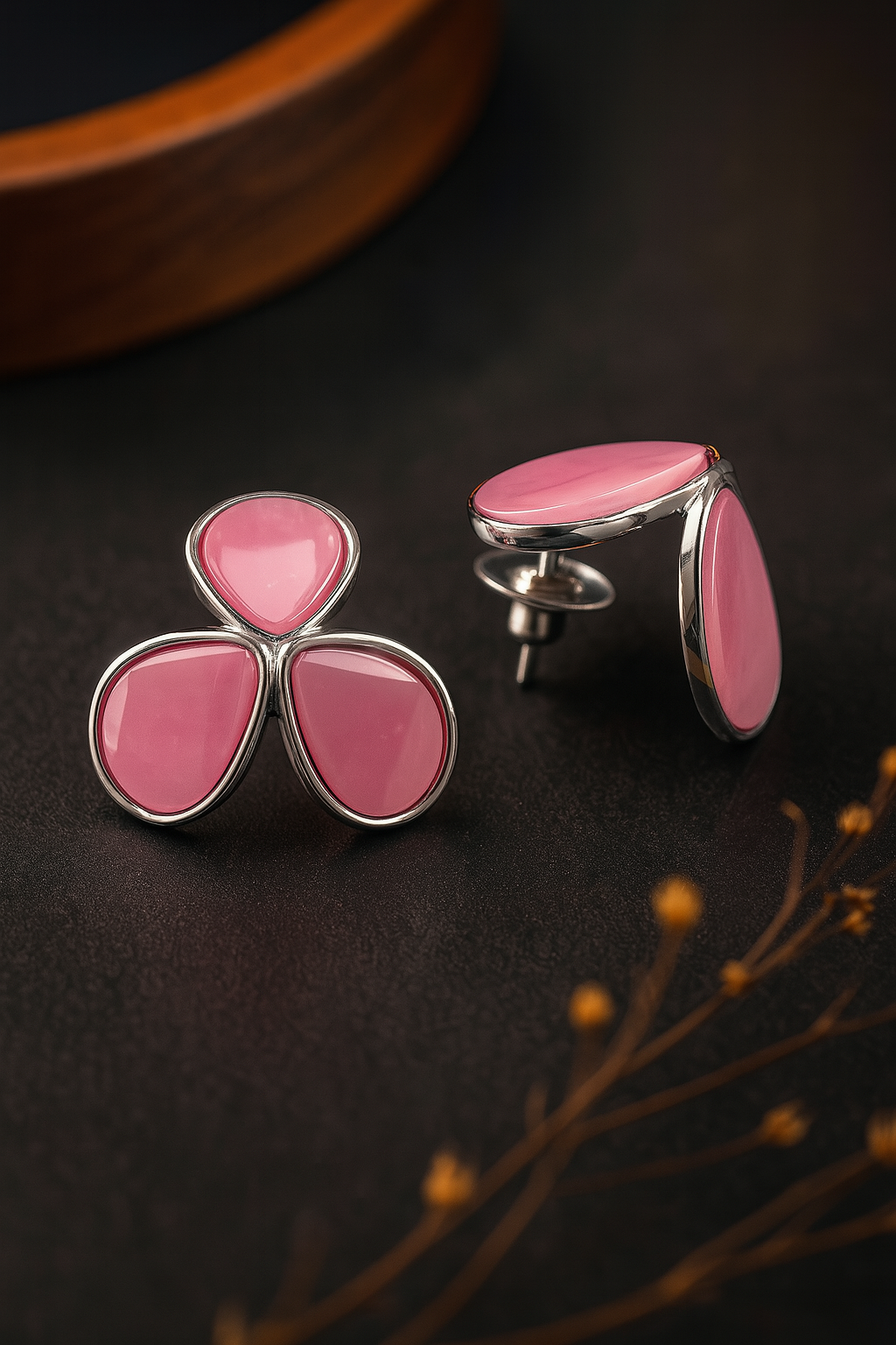 Trio petal-shaped pink enamel anti-tarnish earrings with silver-plated finish for women
